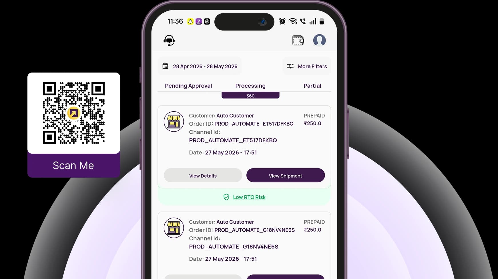 RapidShyp mobile app on a smartphone