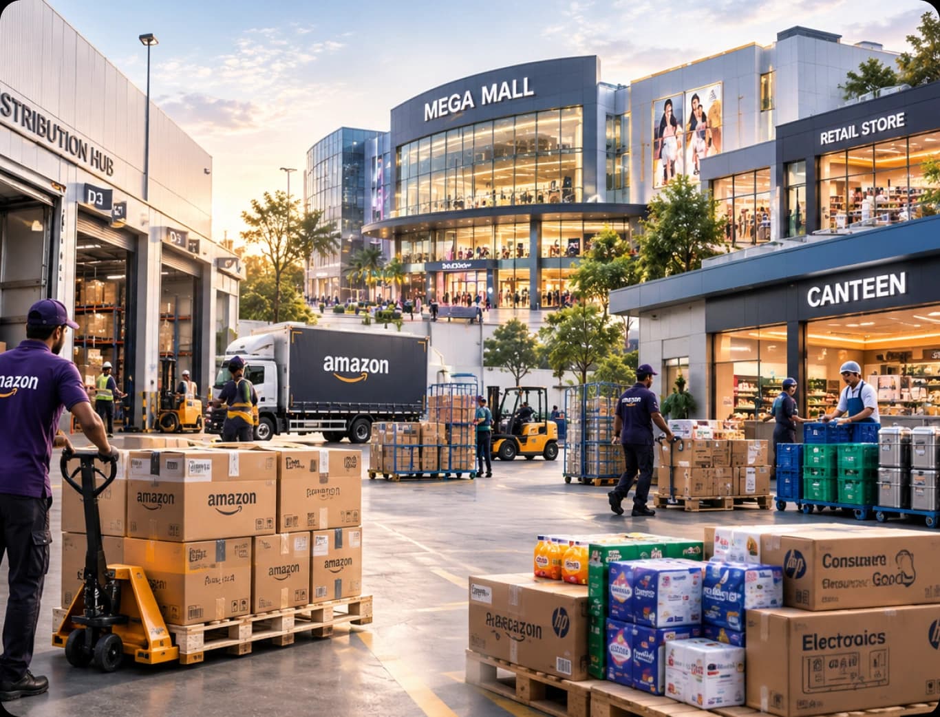 Deliveries arriving at a shopping mall and canteen complex